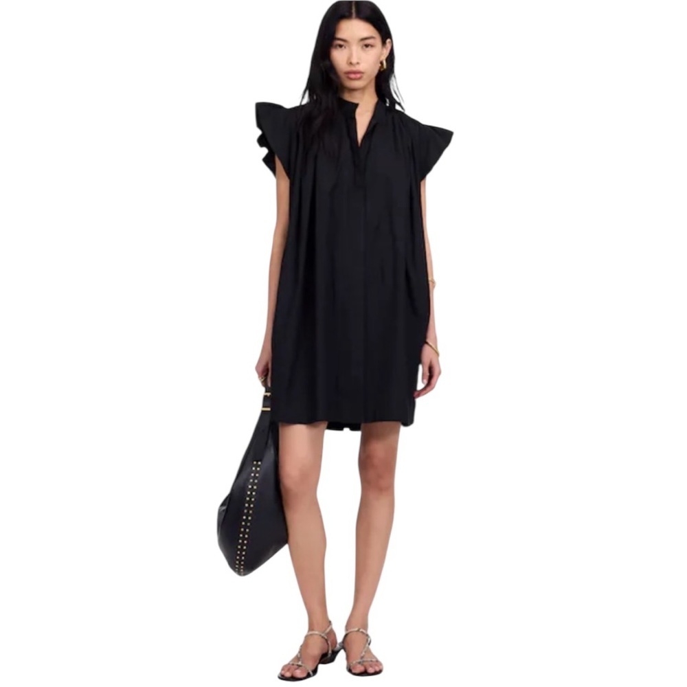 NEW MADEWELL Flutter Sleeve Button-Front Mini Dress‎ in Poplin Black Size XS